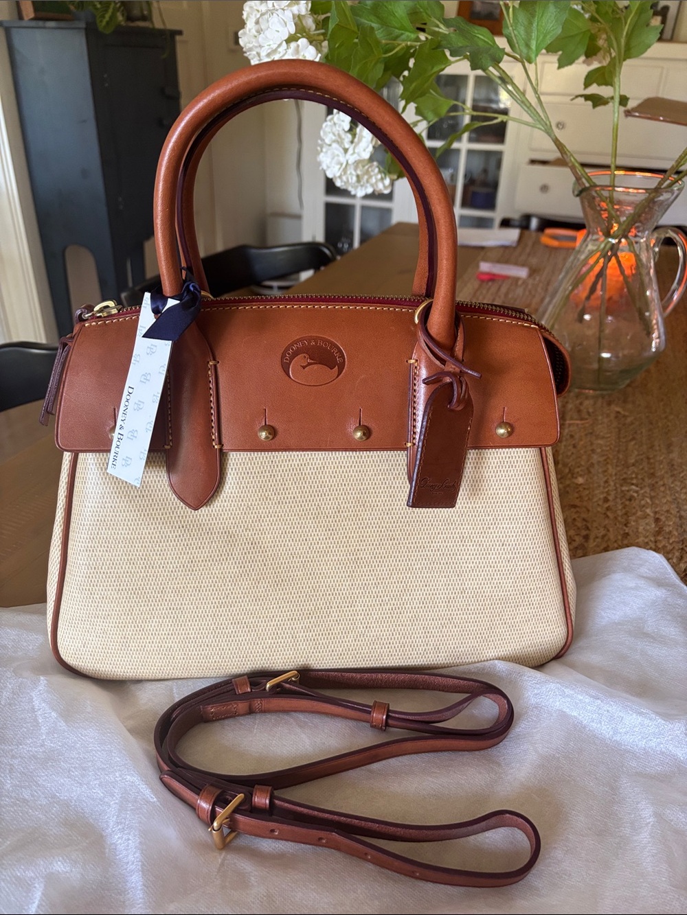 Dooney & Bourke Brown Leather & Cream Wilson Canvas Satchel with Adjustable Stra